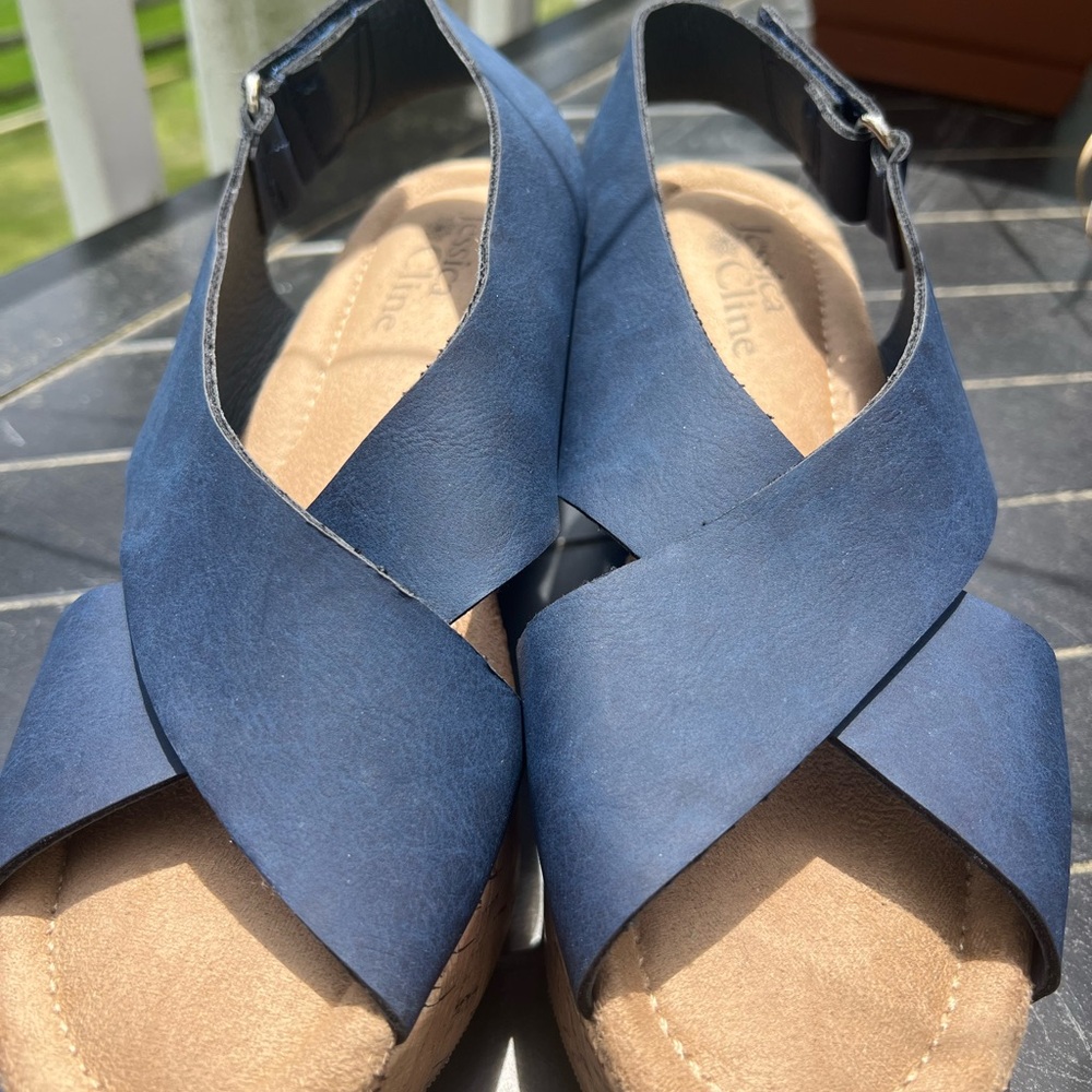 Blue and Tan Minimalist Sandals with Crossed Straps